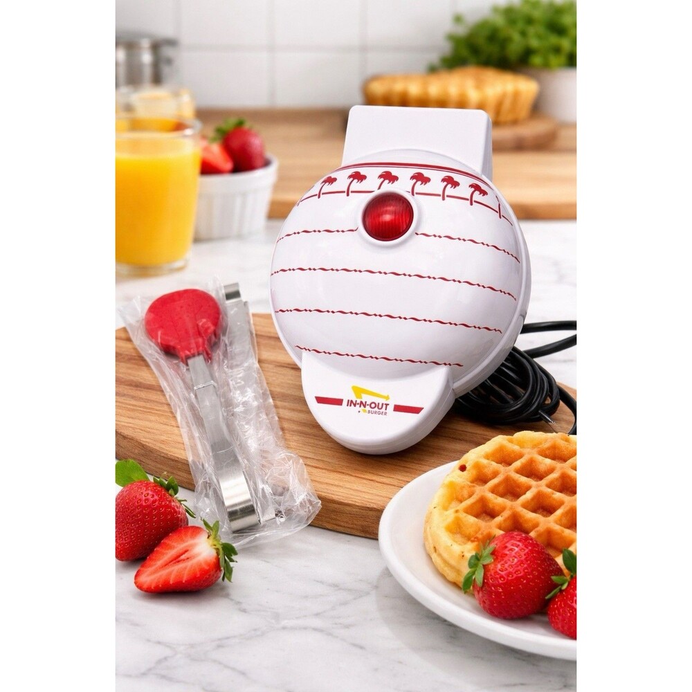 In-N-Out Burger Mini Waffle Maker Palm Tree NEW Tested w/ Tongs Limited Edition